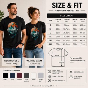 Size and fit chart for the DnD adventure mountain shirt showing measurements S through 3XL, a couple wearing black, wash care icons, and color swatches for all six available colors