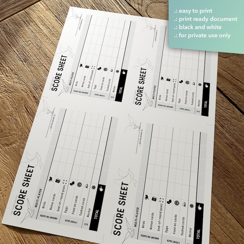 Printable Wingspan Score Sheet 5 Languages Included English, French