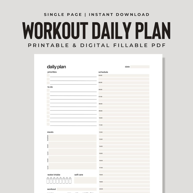 Printable &amp; Digital Workout Daily Planner Fitness Day Plan Minimalist ...