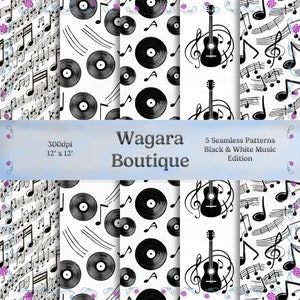 Papel digital musical en blanco y negro - Patrones sin costuras - Blanco y negro - Guitarras - Discos de vinilo - Notación musical - Pentagrama