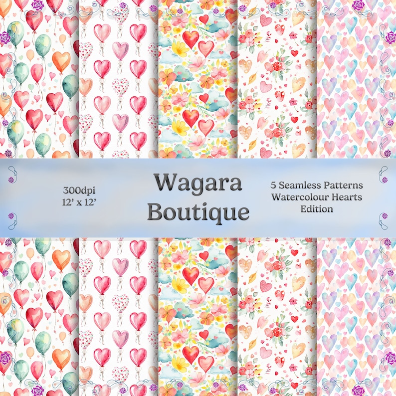 Watercolour Hearts Digital Paper - Seamless Patterns - Watercolor - Balloons - Love - Hearts - Romantic - Romance - Pastel - Valentine's Day image 1