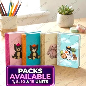 May include: Four notebooks with glitter spines and illustrated covers. The covers feature a black cat, a bunny, and a group of cartoon animals. The text "PACKS AVAILABLE 1, 5, 10 & 15 UNITS" is displayed in a purple box.