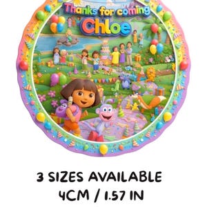 May include: A round, colorful party decoration featuring the text "Thanks for coming Chloe." The design includes cartoon characters, balloons, and a landscape scene. Available in 3 sizes: 1.57 in, 1.97 in, and 2.36 in.