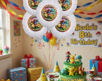 2 globos de aluminio blanco personalizados de Pokémon para cumpleaños / Decoración de fiesta con diseño personalizado (Reino Unido) / Globo empaquetado plano