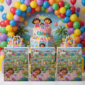 May include: A birthday party scene with a cake, gift bags, and balloons. The cake is decorated with Dora the Explorer characters and the name "Chloe." Gift bags feature Dora and the text "Thanks for coming Chloe."
