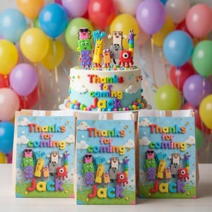 May include: A birthday party scene with a cake and gift bags. The cake is decorated with colorful figures and the text "Thanks for coming Jack." Gift bags feature the same design and text. Balloons in various colors fill the background.