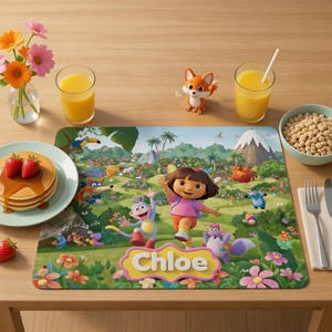 May include: A table setting featuring a Dora the Explorer placemat with the name "Chloe". The scene includes pancakes with strawberries, orange juice, a bowl of cereal, and a small fox figurine. A vase of flowers adds a decorative touch.