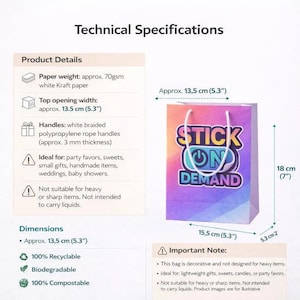 Pu&ograve; includere: Un sacchetto regalo in carta Kraft bianca con un design arcobaleno sfumato e il testo STICK ON DEMAND. Presenta manici in corda di polipropilene intrecciata bianca. Il sacchetto misura 13,5 cm di larghezza, 18 cm di altezza e 5,3 cm di profondit&agrave;.