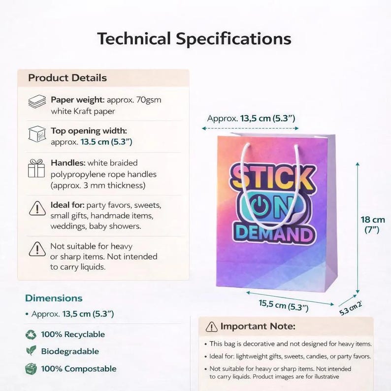 Pu&ograve; includere: Un sacchetto regalo in carta Kraft bianca con un design arcobaleno sfumato e il testo STICK ON DEMAND. Presenta manici in corda di polipropilene intrecciata bianca. Il sacchetto misura 13,5 cm di larghezza, 18 cm di altezza e 5,3 cm di profondit&agrave;.