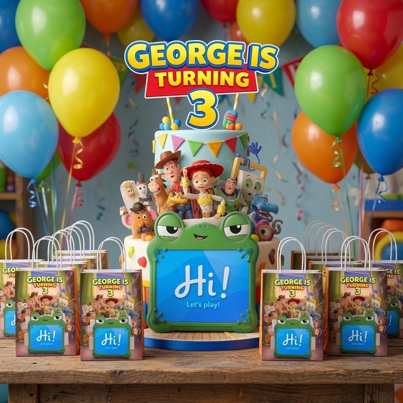 Pu&ograve; includere: Una torta di compleanno a pi&ugrave; piani con statuette dei personaggi di Toy Story e un cartello con scritto George is Turning 3, circondata da sacchetti regalo con lo stesso design e un tablet verde a forma di rana con il testo Hi! Let's play!
