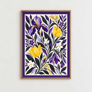 May include: A framed wall art print featuring a botanical illustration with vibrant yellow tulips, deep purple irises, and small white flowers set against a cream background. The composition includes dark green foliage and yellow berries, all enclosed in a thin wooden frame with a purple border.