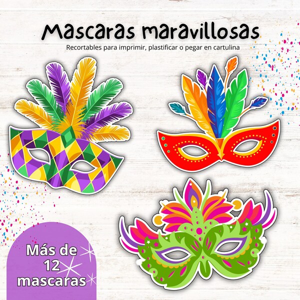 Mascaras imprimibles carnaval, Descarga instantánea, Colorear mascaras, Fiesta de disfraces.