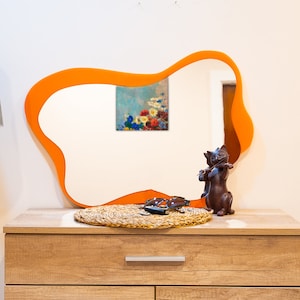 Wavy Mirror, Orange Wavy Acrylic Mirror, Mirror Wall Decor on Tempered Glass, Iridescent Abstract Waves Mirror, Acrylic Asymmetrical Mirror