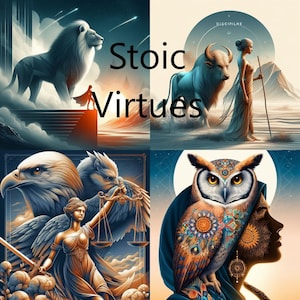 The Four Stoic Virtues. Courage, Temperance, Justice, and Wisdom. AI digital art download
