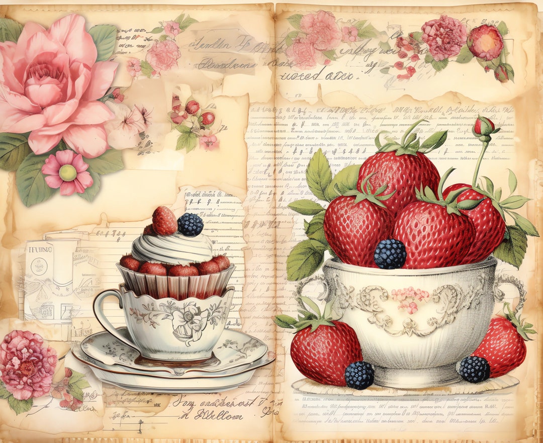 Whipped Cream Junk Journal Pages, Printable Whipped Cream and Fruit