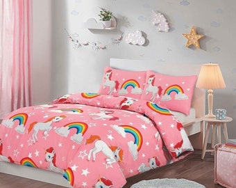 Kids Unicorn Print Duvet Cover Bedding Set Single Double King Super King Size