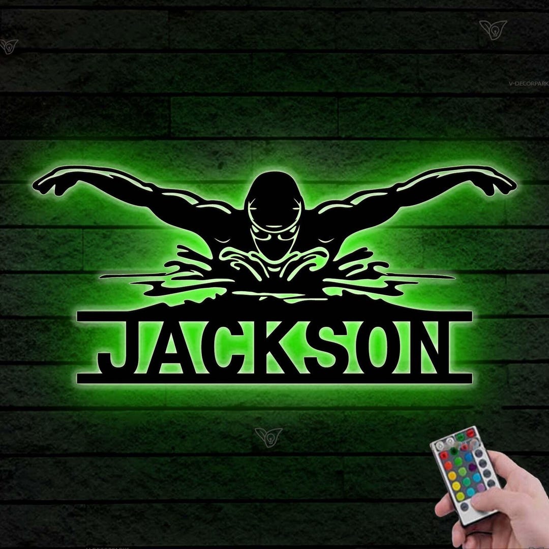 Custom Man Swimmer Metal Wall Art LED Light, Personalized Swimming Sign ...