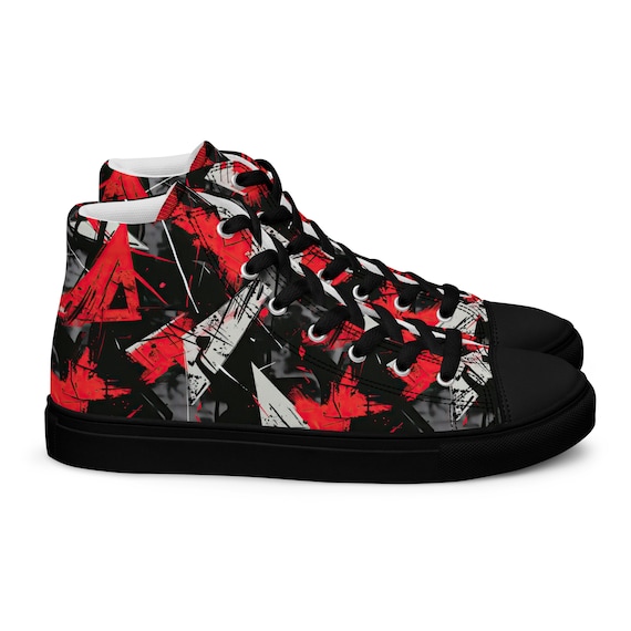 Abstract Geometric Pattern Skater Surfer Punk Rock Death Metal Night Club Apparel Footwear Cyberpunk graffiti Men’s high top canvas shoes