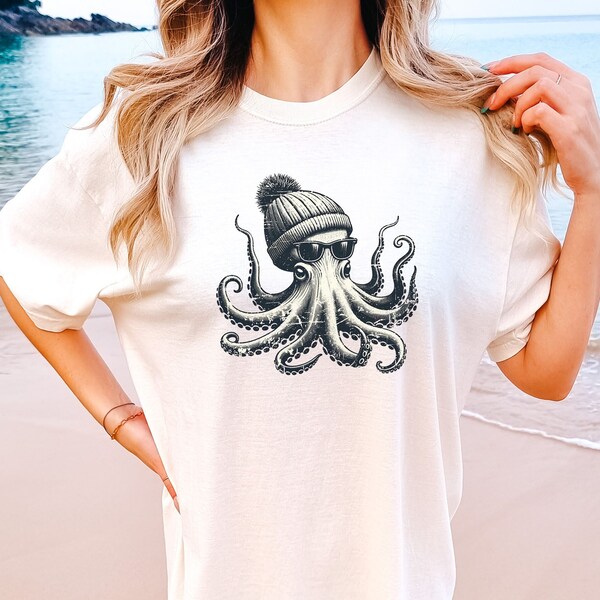 Octopus Shirt Ocean Animal Shirt Cool Kraken with Beanie Shirt Trendy Beach Tees Comfort Colors Mermaidcore Clothing Ocean Inspired Style