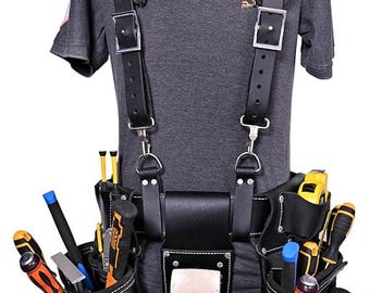 May include: Black leather tool belt with suspenders, featuring multiple pouches filled with various hand tools. The belt includes a hammer loop and is worn over a gray shirt and blue jeans. The tools include screwdrivers, pliers, and a hammer.