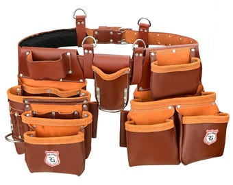 Bolsa de herramientas doble de cuero Zavio con 22 bolsillos, 4 presillas para alicates y 2 soportes de acero / 1 cinturón acolchado de espuma ajustable / Bolsa resistente de color marrón