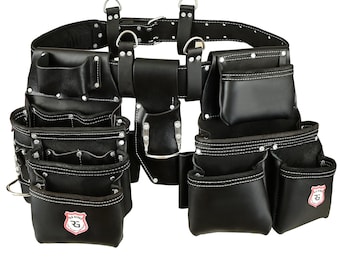 Bolsa de herramientas doble de cuero Zavio con 22 bolsillos, 4 presillas para alicates y 2 soportes de acero / 1 cinturón acolchado de espuma ajustable / Bolsa resistente color negro