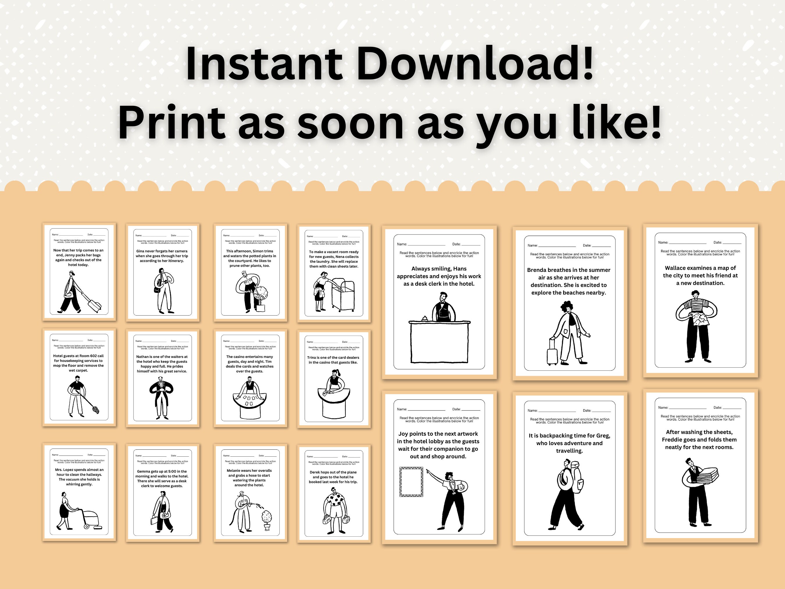 30 Printable Coloring Sheets Hotel Theme Action Words Reading Activity ...