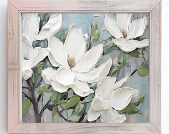 Magnolia bloementextuur kunst, abstracte bloemen, zwaar getextureerd schilderen, abstracte bloemen schilderen, getextureerde muurkunst, afdrukbare muurkunst
