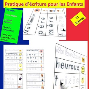 May include: A 56-page preschool writing practice workbook featuring 11 themes. The pages include tracing activities for words related to family, emotions, body parts, and friends, accompanied by illustrations and clear text for educational use.
