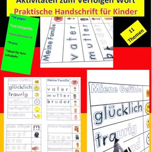 May include: A German handwriting practice workbook for children featuring 56 pages of tracing activities across 11 themes. The cover displays the text Schreibschrift, Aktivitäten zum Verfolgen Wort, and Praktische Handschrift für Kinder, with examples of vocabulary lists for family, body parts, and emotions.