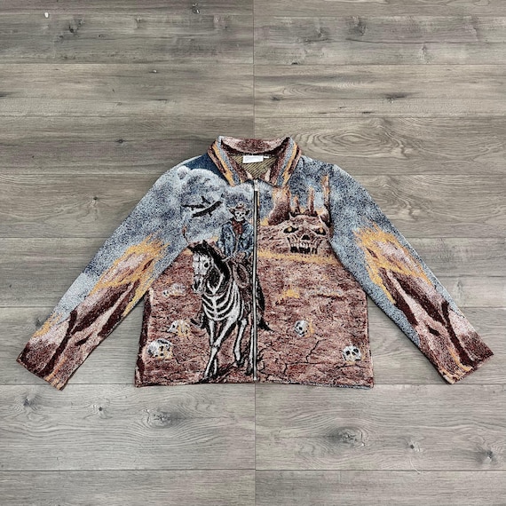 Halloween Skeleton Cowboy Tapestry Jacket – Spooky Western Horse Rider, Gothic Horror Streetwear, Unique Gift for Fans, Christmas Gift