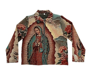Virgencita wandtapijt jas boho chic bovenkleding kleurrijk geborduurd ontwerp etnische stijl uniek handgemaakt cadeau verjaardagscadeau kerstcadeau