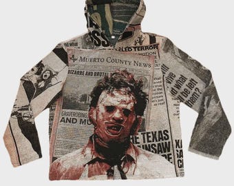Halloween Texas Chainsaw Massacre Tapestry Hoodie – Skräckfilmströja, Leatherface Slasher-fangåva, läskig kostym