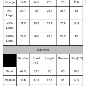 May include: A size chart for tapestry jackets, displaying measurements in inches and centimeters. The chart includes shoulder, chest, length, sleeves, and neck measurements for sizes ranging from Small to XXXX-Large.