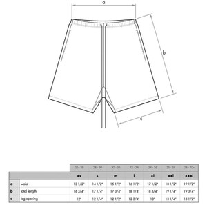 Op de afbeelding: Een maattabel voor shorts met metingen in inches voor taille, totale lengte en beenopening. De tabel omvat maten XS tot XXXL.