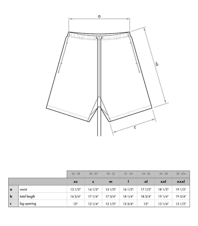 Op de afbeelding: Een maattabel voor shorts met metingen in inches voor taille, totale lengte en beenopening. De tabel omvat maten XS tot XXXL.