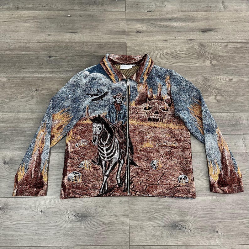 Halloween-skelett-cowboy-gobelängjacka – kuslig westernryttare, gotisk skräckgatukläder, unik present till fans, julklapp bild 2