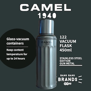 May include: A gun metal grey stainless steel vacuum flask with a 450ml capacity. The cylindrical container features vertical ridges and the text CAMEL 1940. It is labelled as a glass-vacuum container that keeps content temperature for up to 24 hours.