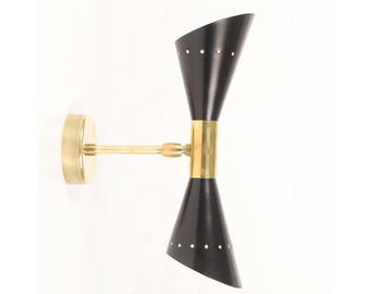 Mid-Century Modern Double Cone Wall Sconce – Brass & Black Perforated Shades – Stilnovo Inspired Lighting Fixture