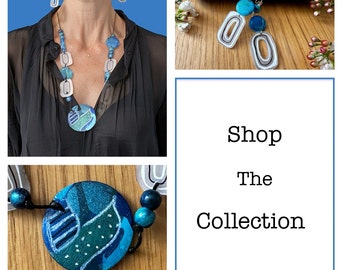 Shop the collection offer: Special Wooden beaded set of necklace and earrings in shades of blue