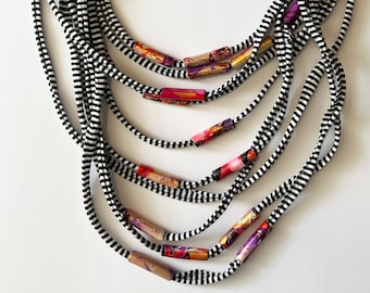 Textile Scarf Necklace Black and White  with red - purple - gold beads :  Multi-Strand layered Statement Necklaces