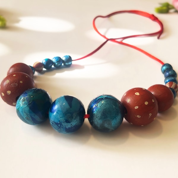 Boho Chic Wood Beads Necklace, Hand Painted in Blue Ginger, Adjustable Length