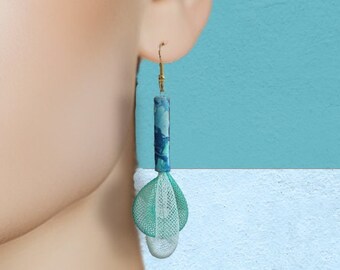 Green & Light blue nylon mesh drop earrings, with a red tones bead