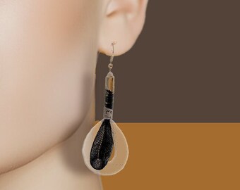 Black & white  nylon mesh drop earrings, with a gold tones bead