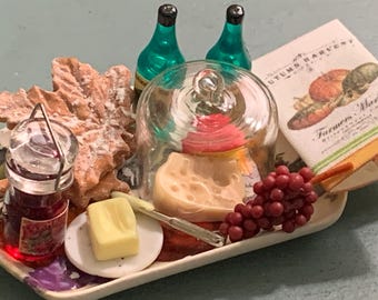 Miniature dollhouse artisan Autumn HARVEST FARMERS MARKET lunch for 2 serving tray 1:12