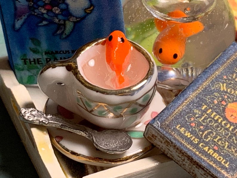Alice Goldfish Miniature Dollhouse Artisan GOLDFISH ALICE in WONDERLAND Book Club Tea ...