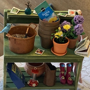 Miniature dollhouse artisan GARDENING TIME with a BLUEJAY wooden potting table 1:12
