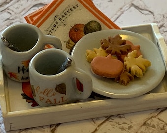Miniature dollhouse artisan Thanksgiving GIVE THANKS shortbread cookie snack serving tray 1:12