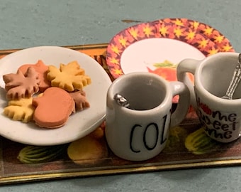 Miniature dollhouse artisan Autumn LEAVES cookies snack PUMPKIN PATCH serving board 1:12