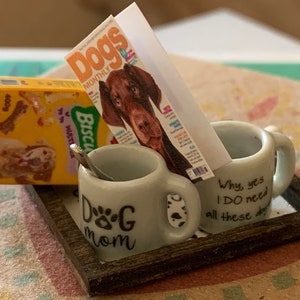 Miniature dollhouse artisan Coffee Break with pups Fur Babies serving tray 1:12